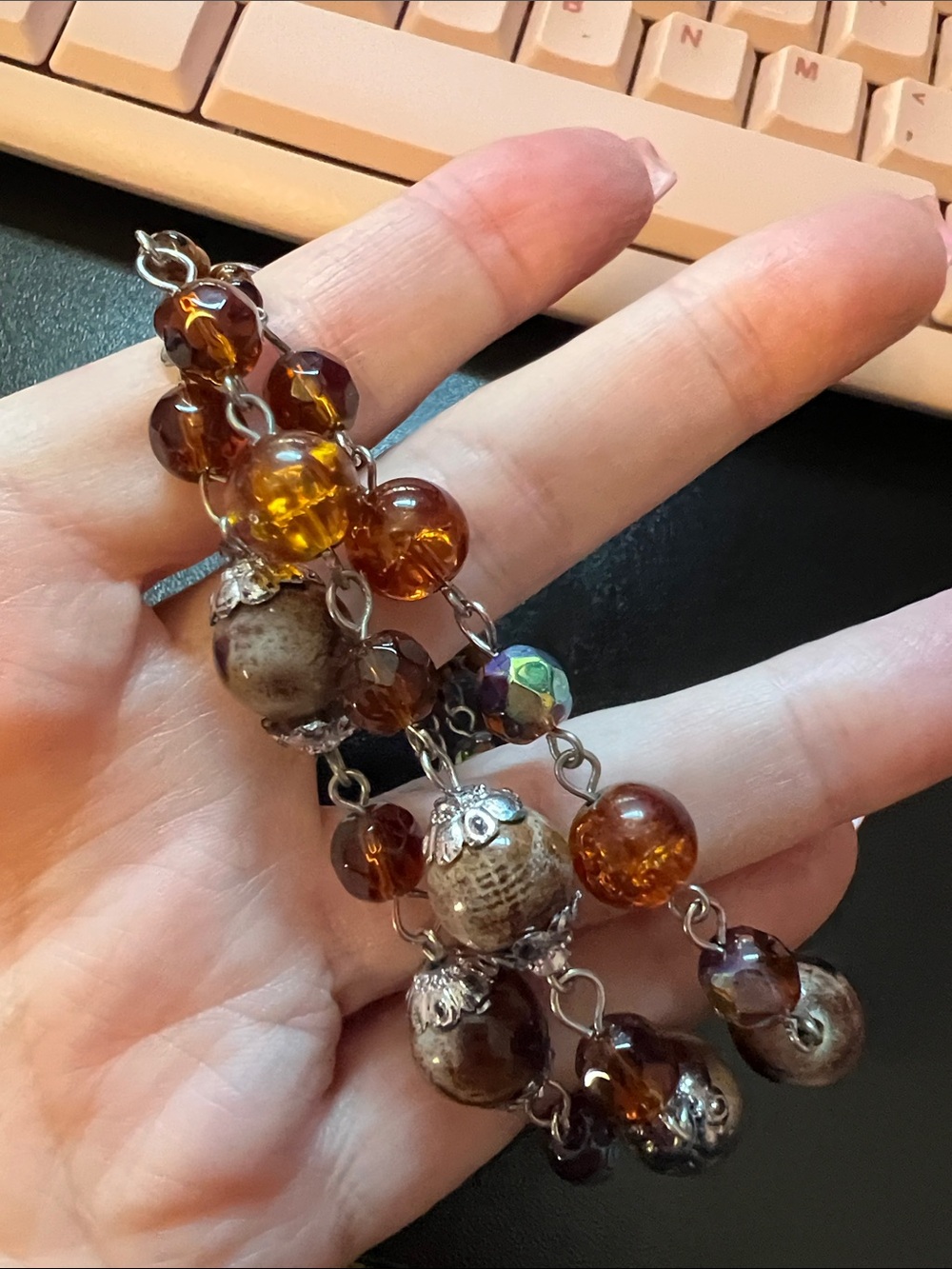 Amber Glass and Brown Stone Beaded Bracelet - Women's Fashion Jewelry